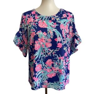 Lilly Pulitzer Ruffle Sleeve Blouse Womens S Navy Floral Excellent